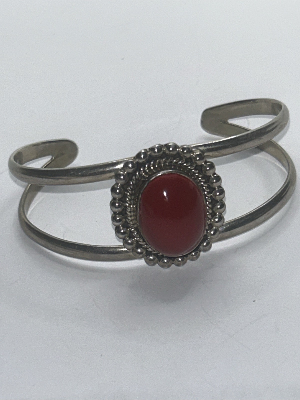 Beautiful 925 Sterling Silver Cuff Bracelet With Red Coral Stone