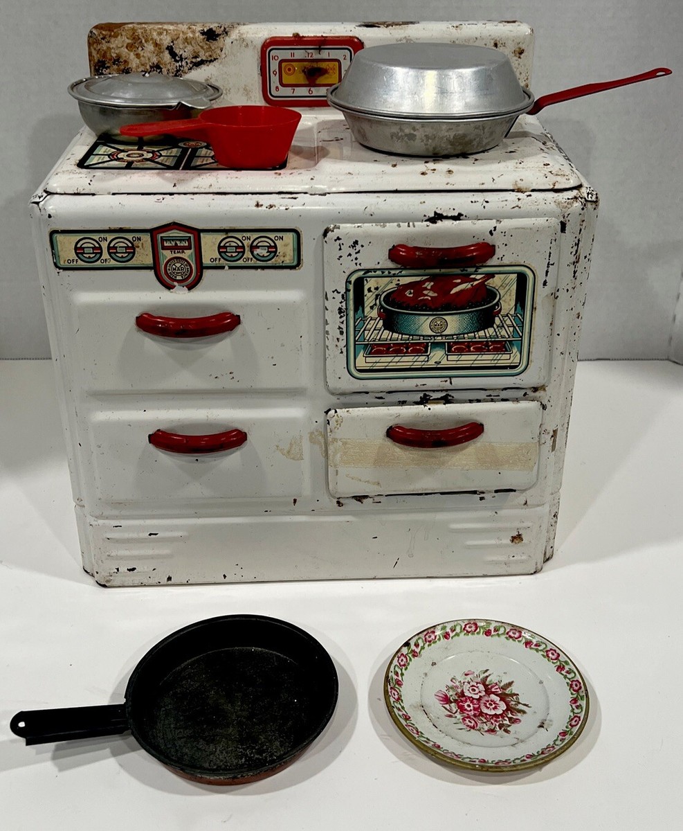 1930s Marx Pretty Maid Toy Oven, Metal Enamel Tin Range Kitchen
