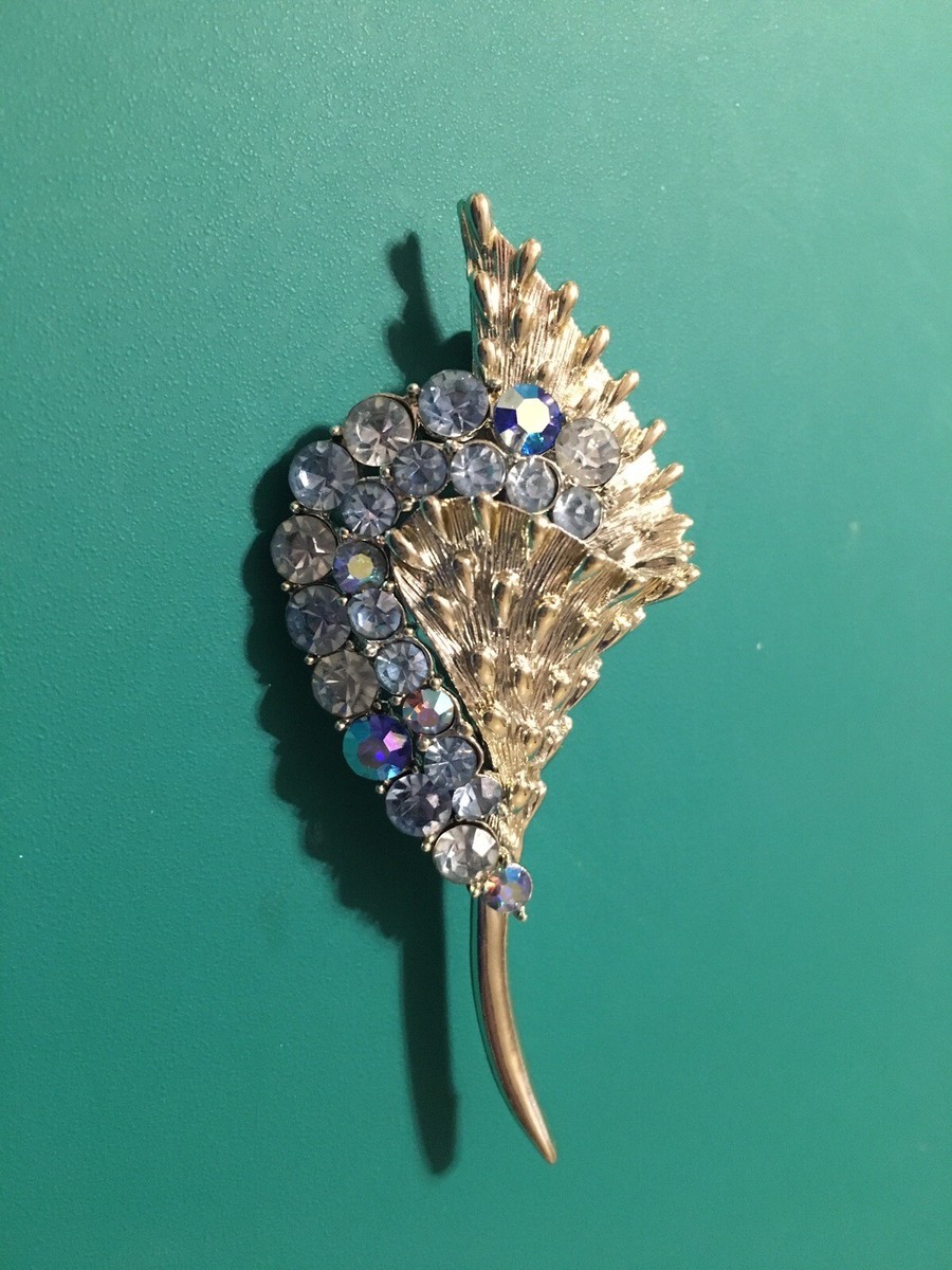 Vintage Coro Brooch Pin Blue AB Rhinestones Silver Tone Flower