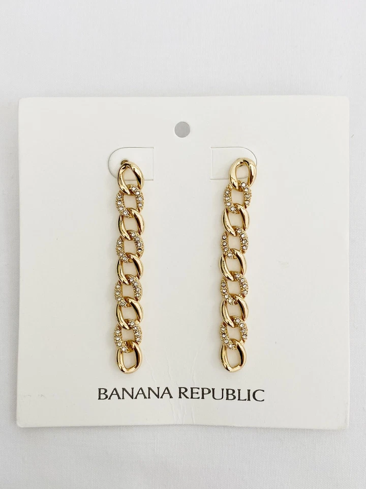 BANANA REPUBLIC Gold Tone Pave Link Linear Earrings - Image 4 of 4