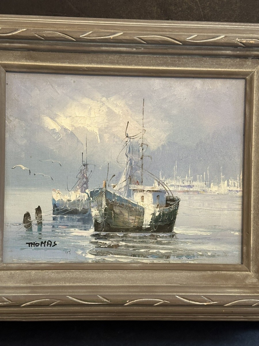 Thomas Oil Painting Blue Seascape Harbor Boats Framed Canvas
