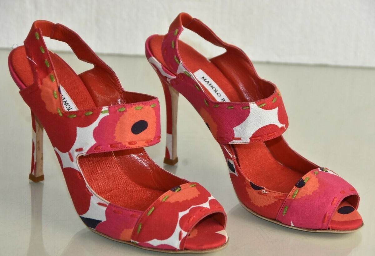 $1190 NEW Manolo Blahnik Red White Floral Canvas Sandals Poppy Heels Shoes  41