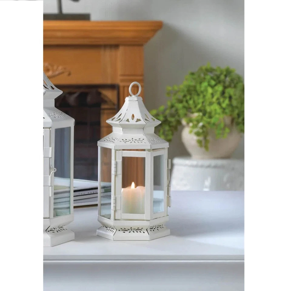 8 Pc Discount Wedding Lot White Victorian Candle Lantern Floral Metal Cutout 8"H - Image 2 of 4