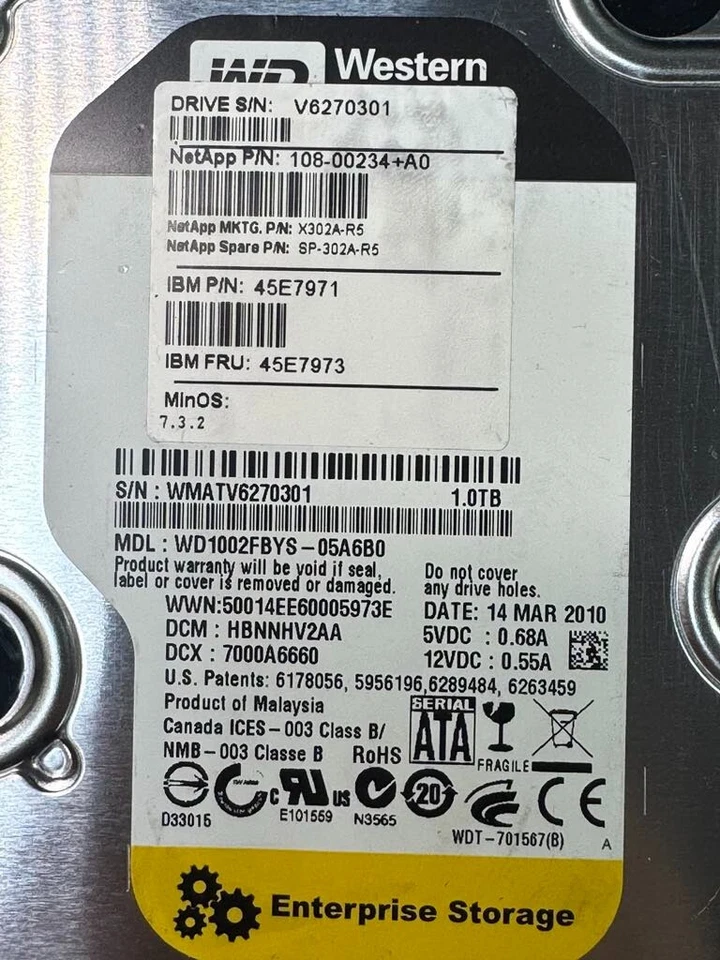 NetApp 1TB 108-00234 SP-302A-R5 WD1002FBYS-05A6B0 3 Gb/s SATA HDD 3.5" - Image 3 of 4