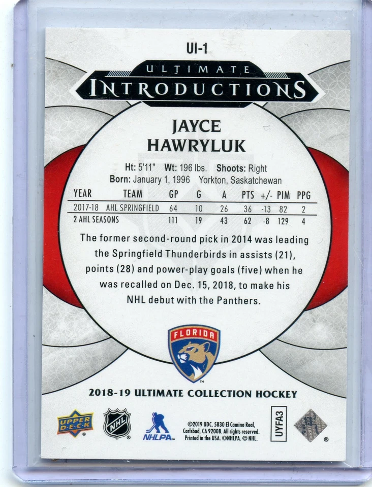  2018-19 Ultimate Collection Ultimate Introductions #UI-1 Jayce Hawryluk - Image 2 of 2