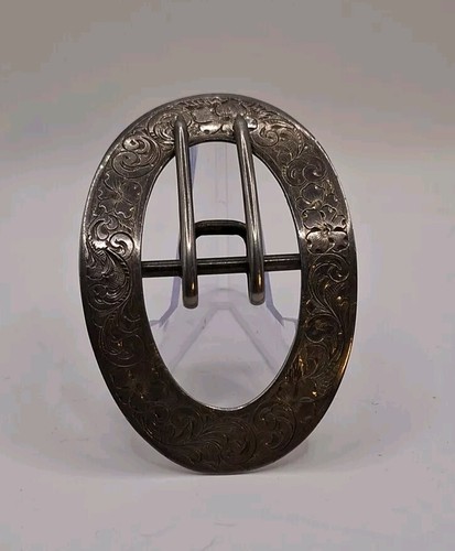 ANTIQUE 1908 STERLING SILVER ENSCRIBED FLORAL PATTER SASH PIN BELT BUCKLE SIGNED - Picture 2 of 10