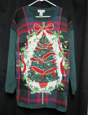 Lord Taylor Green Christmas Sweater Medium Tree Bows Bells