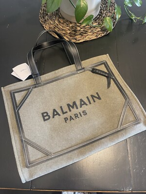 BALMAIN B-Army 42 Khaki & Black Canvas Tote Bag with Leather Details NWT