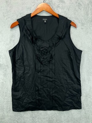 Madison Womens Large Black Tops Ruffle Sleeveless Blouse Side Zip 100% Cotton