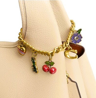 NEW! + Tags! COACH BAG Chain JEWELRY KEYRING HEART REX CHERRY C ROSE MOTIF GOLD 