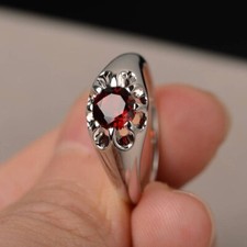 Art Deco Round Cut Natural Garnet 925 Sterling Silver Engagement Proposal Ring