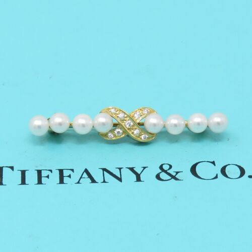 NYJEWEL Tiffany & Co. 18k Yellow Gold Pearl & 9 Diamonds Infinity Pin Brooch - Afbeelding 1 van 4