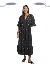 Ex Simply Be Women's Midi Dress - Plus Size Ditsy Print Woven Wrap Black