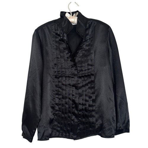 Vintage 80s Talbots Black 100% Silk Long Sleeve Blouse Button-down Shirt Pleated - Image 1