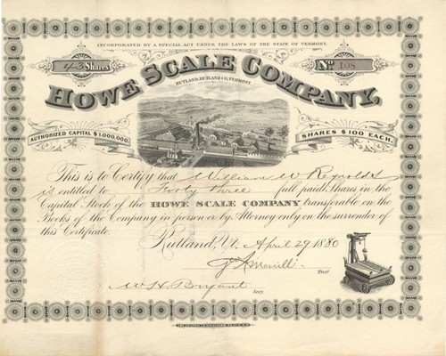 Howe Scale Co. - 1880 or 1881 dated Stock Certificate - General Stocks