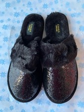 Brand New Evans Slippers Black Sequin With Faux Fur Size Medium 5/6 Extra Wide