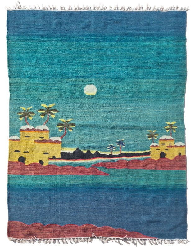Rare Hand Knotted Vintage Bulgaria Pictorial Wool Kilim Area Rug 4.9 x 3.7 Ft