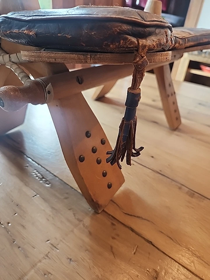 De Colección Egipcio Camel Asiento Otomano Pie Taburete Cuero Azul Madera Banco Foto 3 de 4