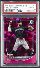 Marketplace image: 2025 BOWMAN CHROME SAPPHIRE EDITION PADPARADSCHA 1/1 #54 CARLOS CORREA 1/1 PSA 8
