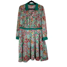 ModCloth Green Floral Fit & Flare Dress Women's Size 1X Retro Pin-up Career Wear