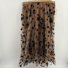 Chicwish Tan Black Velvet Floral Flocked Tulle Midi Skirt 2XL/3XL Elastic Waist