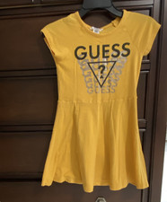 GUESS Girls Yellow T-Shirt Dress Size 7 Logo Graphic Print Crew Neck Cap Sleeve