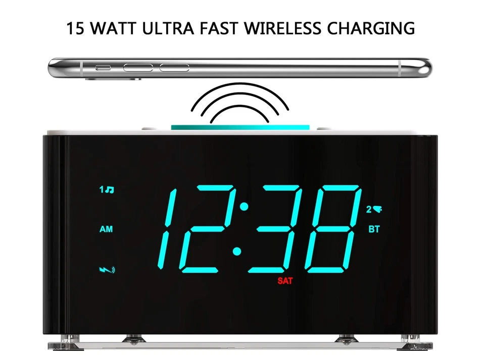 Wireless Charging Clock Bluetooth Digital Alarm Clock with USB Port and Dimmer - Image 3 of 4