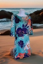 Bisou Bisou Blouson Dress 16 Floral Print Cut Out Back Split Sleeves Tie Waist 