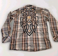 Roar Signature Embroidered Button-up Shirt Gray Orange Black Tribal Plaid Men L