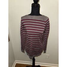 Ann Taylor Loft Women's Sweater Gray Burgundy Striped Long Sleeve Size M