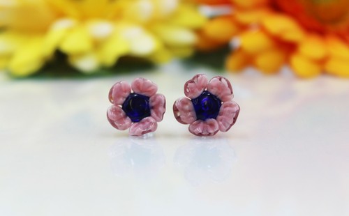 Ohrstecker Blüte Blumen Ohrringe Lampwork Rosa Nachtblau Edelstahl #AS028 - Bild 7 von 10