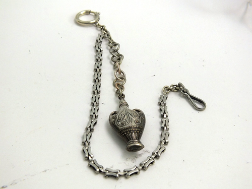 Vintage 10 3/4" Nickel Silver Pocket Watch Chain w/"Aladin" Lamp hanging Fob - Picture 2 of 10