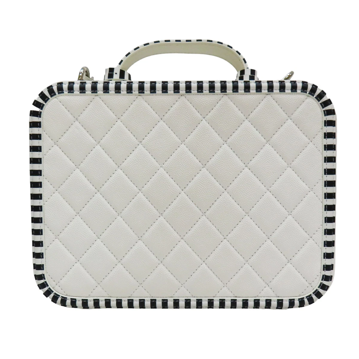 CHANEL White CC Filigree Vanity Case Shoulder Bag Quilted Striped Caviar  Leather