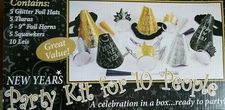 Black Gold Silver New Years Party Kit for 10 PEOPLE Hats Tiaras Leis Horns NYE