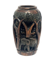 Wooden Vase Hand Carved Elephants Trees Jungle Animal 7.75"H x 4.25"W Brown
