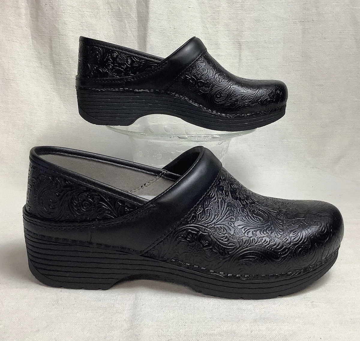 DANSKO LT PRO Black Floral Tooled Leather Clog Professional 39