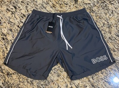 HUGO BOSS Men's Drawstring HUGO Swim Shorts Gray White Logo Pockets NEW