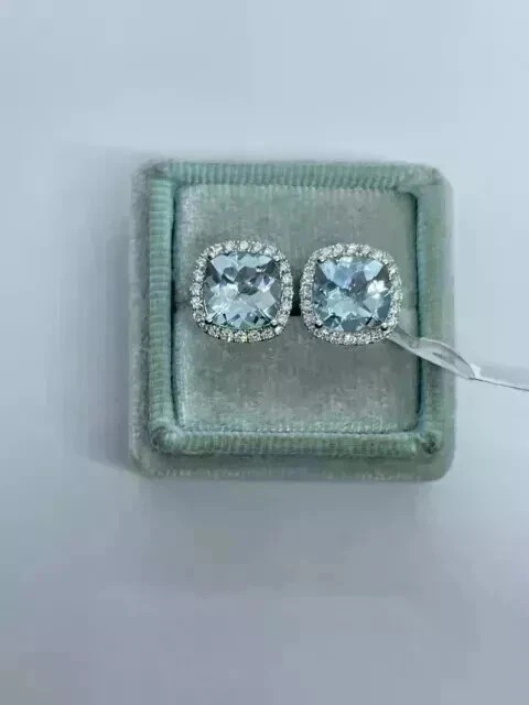 2 克拉靠垫切割实验室制作的海蓝宝石女士耳钉耳环 14K 镀白金 — 第 4/4 张图片