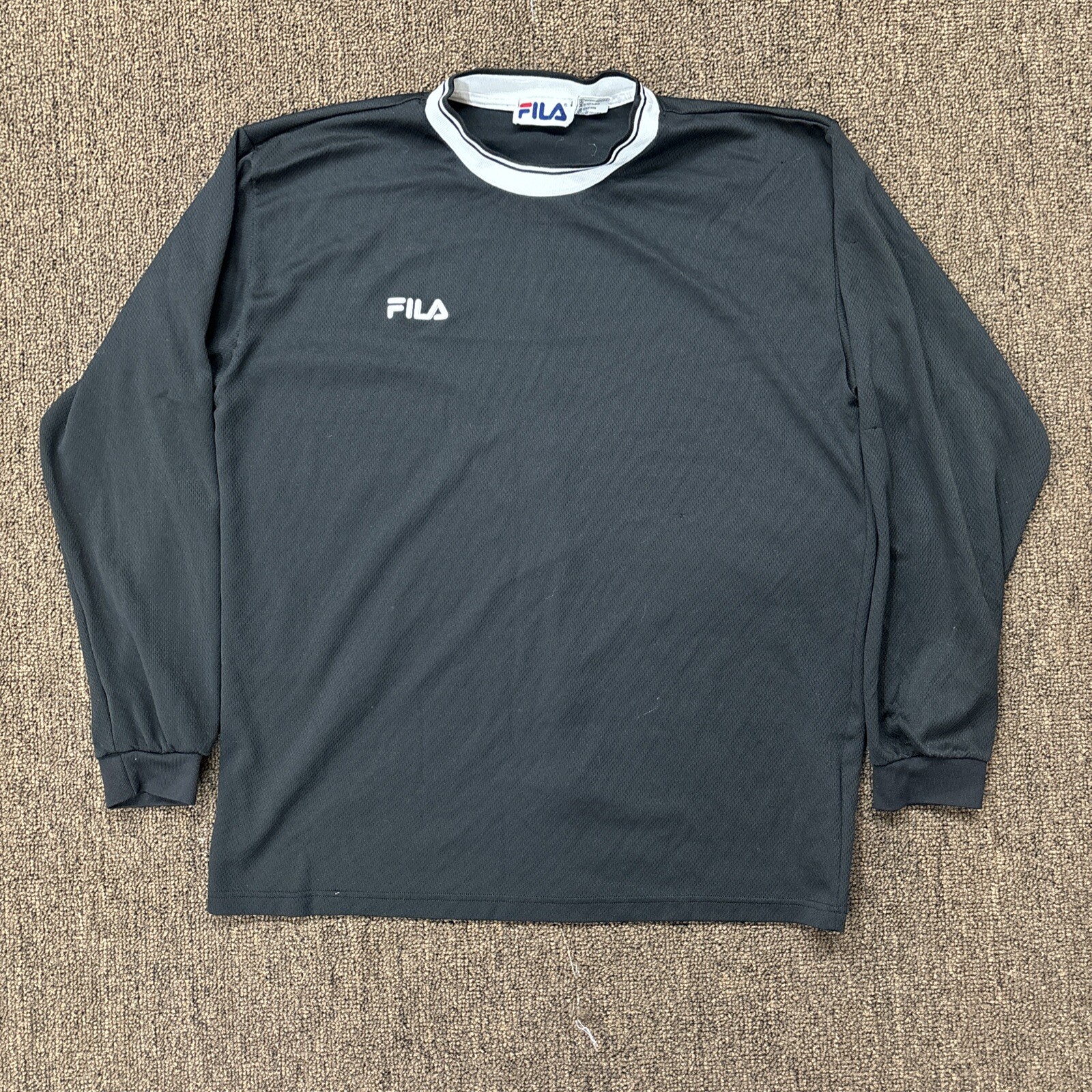 Camicia vintage Fila uomo grande manica lunga nera bianca maglia a costine Y2K