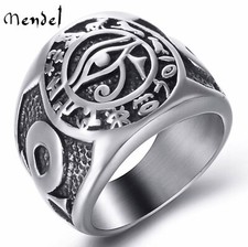 Stainless Steel Mens Egyptian Pharaoh Ankh Eye of Horus Ra Ring For Men