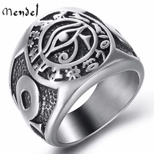 MENDEL Stainless Steel Mens Egyptian Pharaoh Ankh Eye of Horus Ra Ring For Men
