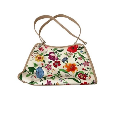 Talbots Floral Canvas Shoulder Bag Tan Leather Trim Botanical Bee Print Cream