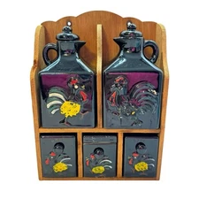 Black & Red Rooster Spice Rack Salt Pepper Shakers Oil Vinegar Mustard AS IS