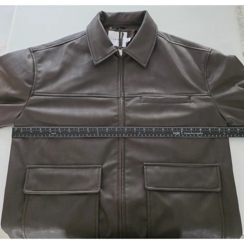 Topman Mens Dark Brown Faux Vegan Leather Trucker Jacket Size S Quilted Lined image 6