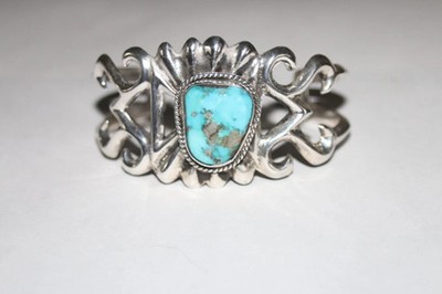 Share Native American Navajo sterling silver Blue Turquoise sandcast tufa cuff