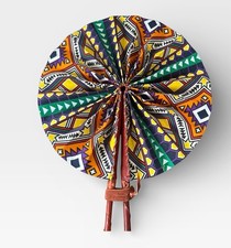 African Wax Fabric  Leather Folding Fan Handmade In The Ivory Coast