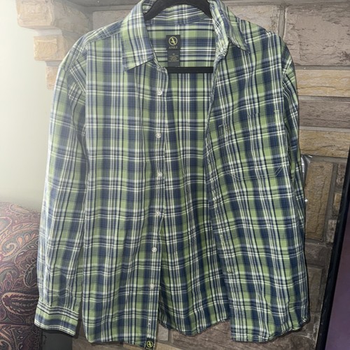 Aigle Shirt Medium Green Flannel Checked Plaid Long Sleeve Out