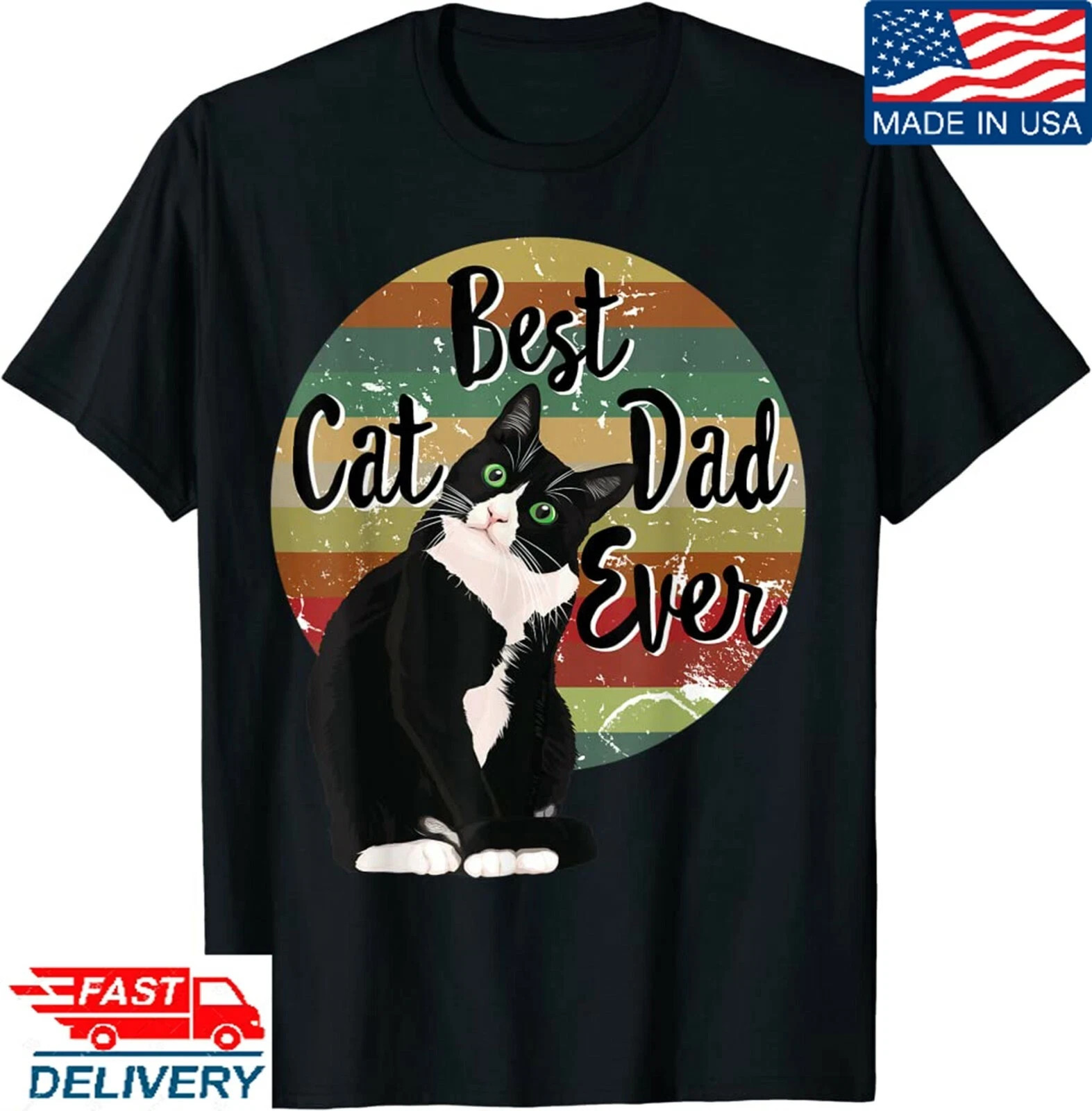 Best Cat Dad Ever Tuxedo Father's Day Gift Funny Retro T-Shirt,Short/Long Sleeve
