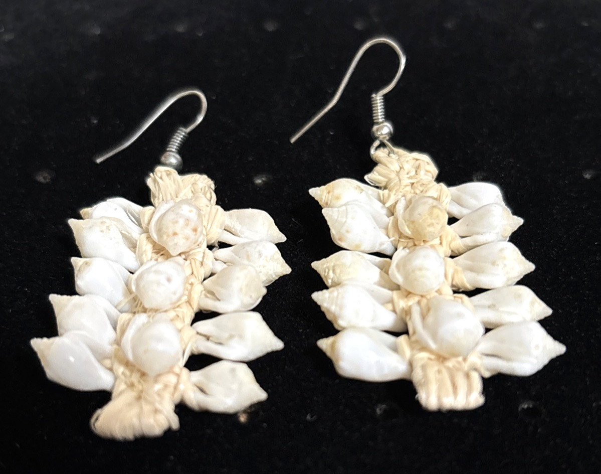 Mini White Shell Dangle Earrings Handmade Ratan W… - image 3