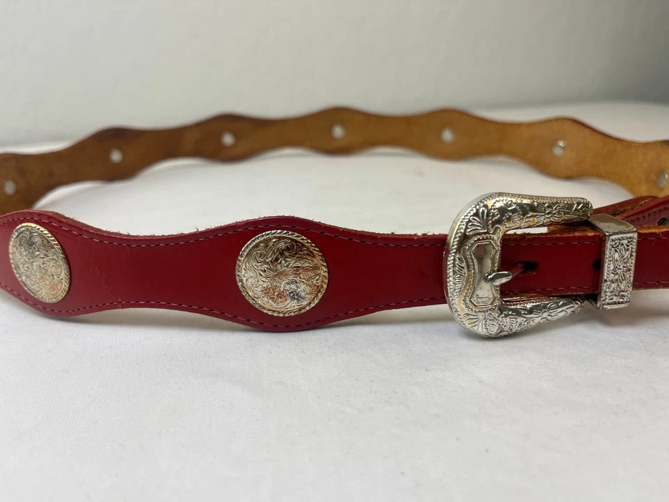 Red Leather Western Concho Belt 36 Scallop Silver Buckle Cowgirl Rodeo Pantina - Image 2 of 4